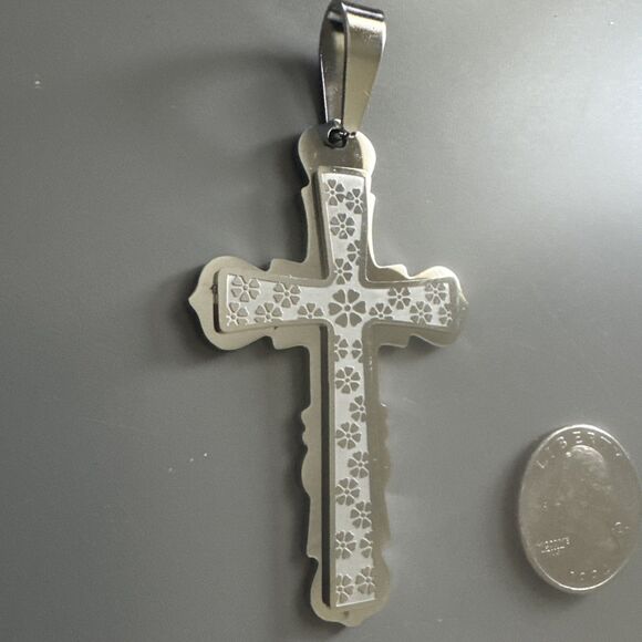 Stainless Steel Cross Pendant 24 Inch Chain Necklace Jesus Christ Faith Prayer - Picture 3 of 6